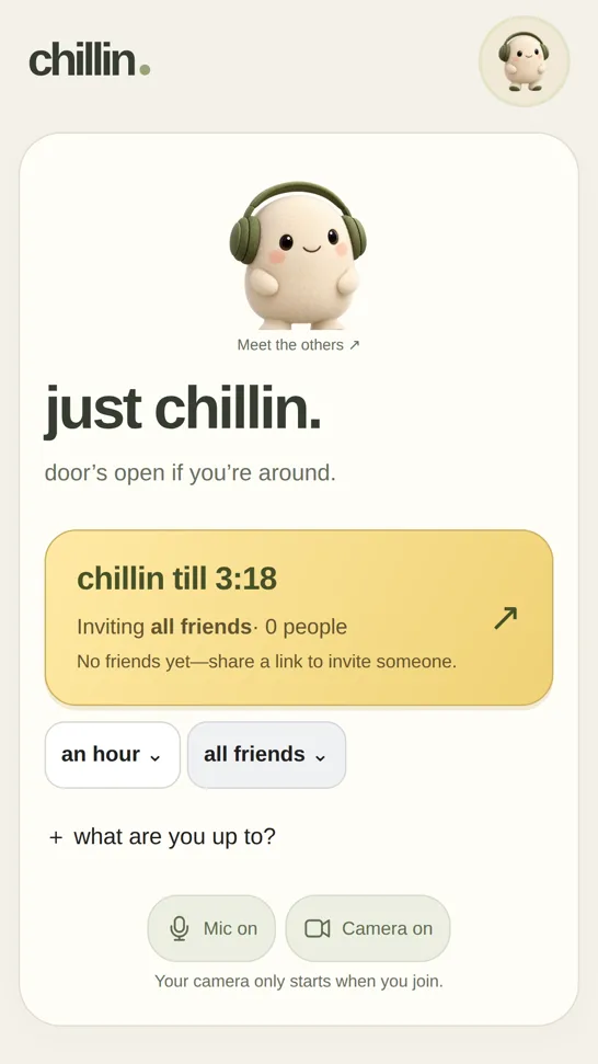 Chillin home screen on a phone, with a companion creature and a glowing card reading chillin till 3:18
